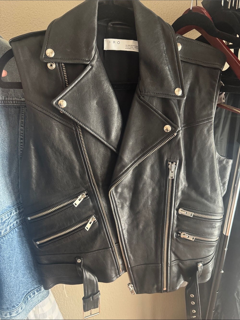 IRO Black Leather Sleeveless Moto Vest with Zip Details